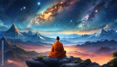 Buddhist in front of epic landscape, meditating, colorful sky, universe with stars and galaxies