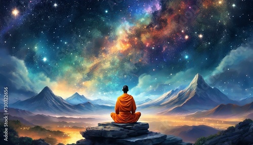 Buddhist in front of epic landscape, meditating, colorful sky, universe with stars and galaxies photo