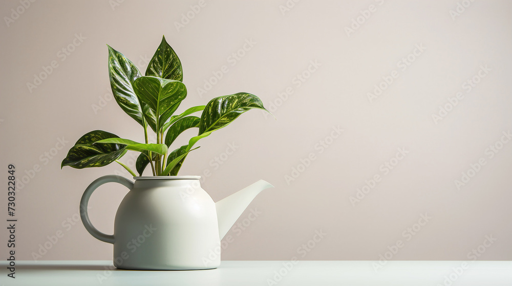 Houseplant in watering can with copy space. Home gardening concept