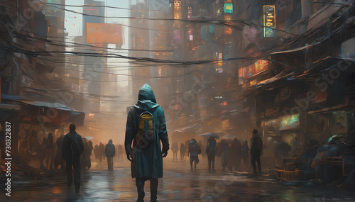 a dystopic scene with a young man with a backback and hoodie walking down a gloomy city scene in a sci-fi scene