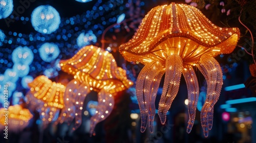 Gigantic floats adorned with sequins and LED lights glide through the night
