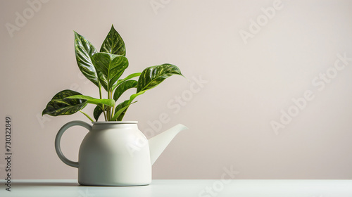 Houseplant in watering can with copy space. Home gardening concept