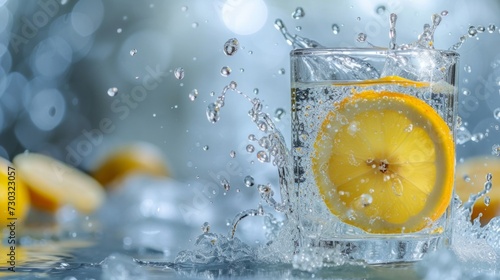 A lemon half plunges into a crystal-clear glass of water, capturing a refresh...
