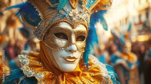 Revelers don stunning outfits, from exotic masks to feathered headdresses