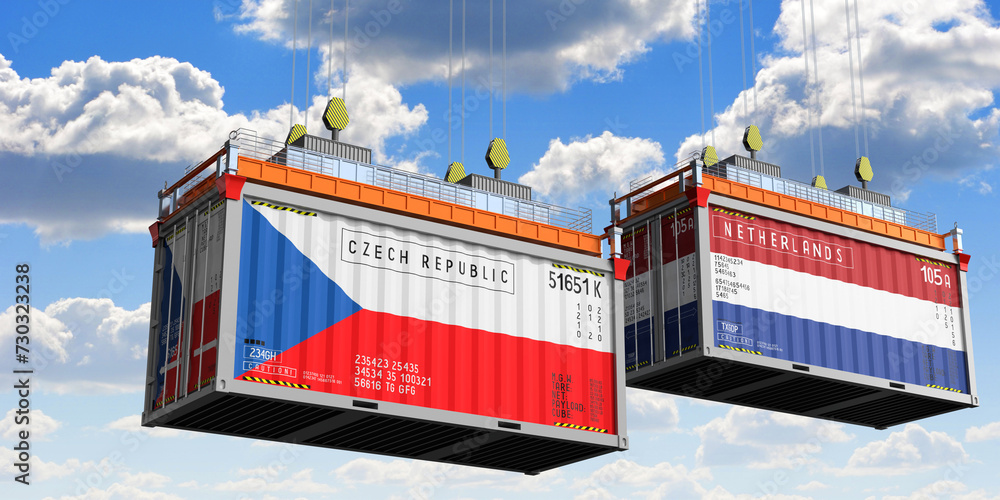 Shipping containers with flags of Czech Republic and Netherlands - 3D illustration