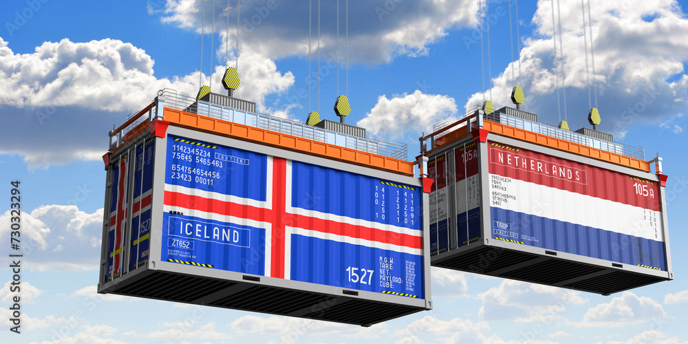 Shipping containers with flags of Iceland and Netherlands - 3D illustration