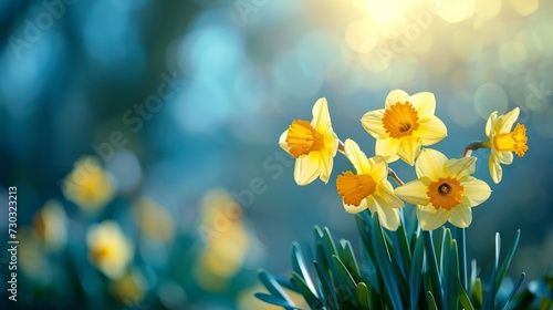 Sunny daffodils sway in a gentle breeze on a radiant spring day. © olegganko