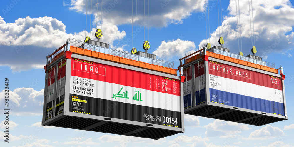 Shipping containers with flags of Iraq and Netherlands - 3D illustration