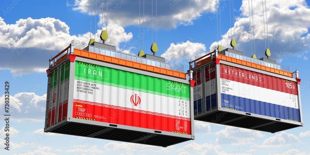 Shipping containers with flags of Iran and Netherlands - 3D illustration