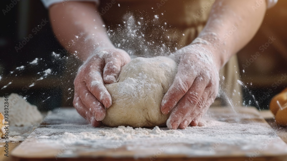 Close-up of a Flour-covered hands forming dough into perfect round shapes