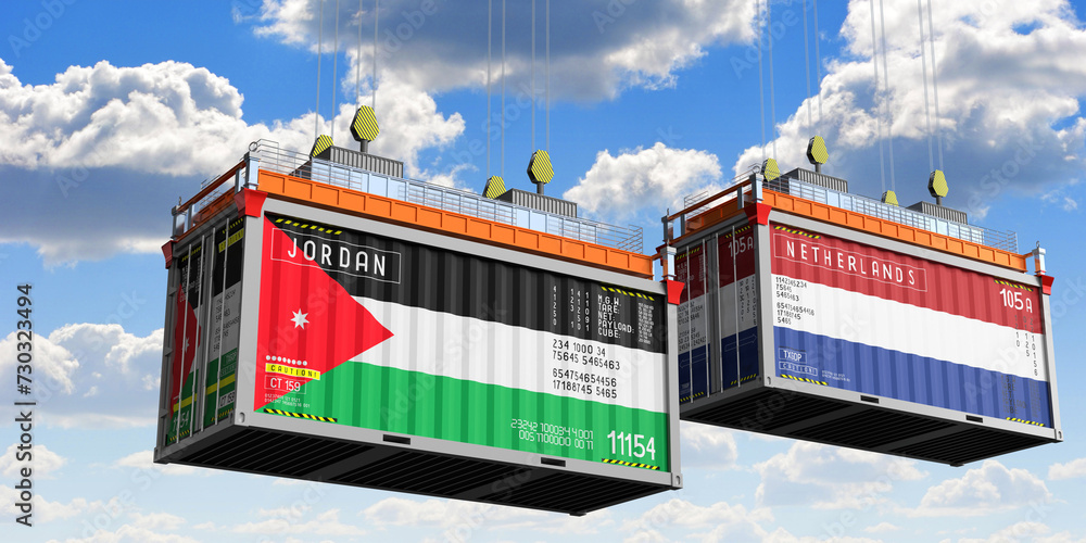 Shipping containers with flags of Jordan and Netherlands - 3D illustration