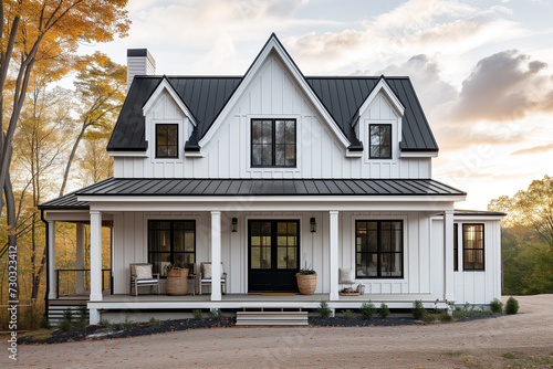 A black and white luxury modern farmhouse with home board and batten siding, a covered front porch, and a sunset in the background. photo