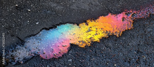 Colorful gas stain on wet asphalt creating an abstract rainbow effect, serving as a textured background due to a vehicle leak.