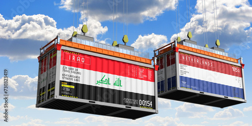 Shipping containers with flags of Iraq and Netherlands - 3D illustration
