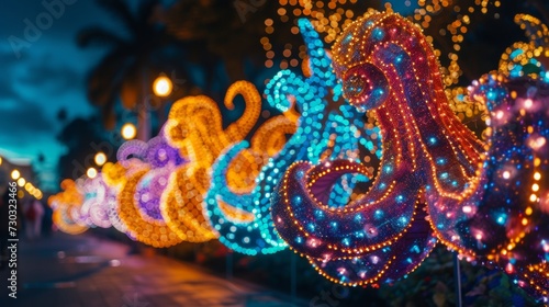 Gigantic floats adorned with sequins and LED lights glide through the night © olegganko
