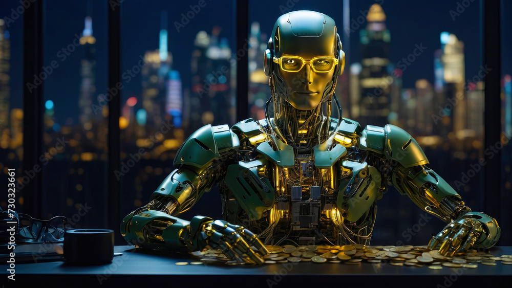humanoid robot using a thinking brain sitting in his office counting a mountain of gold coins on the desk - obrazy, fototapety, plakaty 