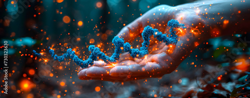 A hand picking up a virtual strand of DNA. Concept of science, genetics and genomics. photo