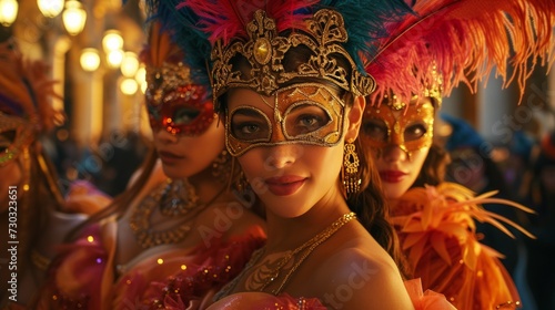 Revelers don stunning outfits, from exotic masks to feathered headdresses