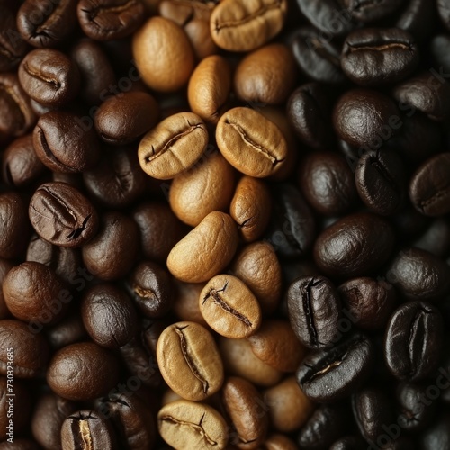 Coffee beans in various shades and sizes form a harmonious composition
