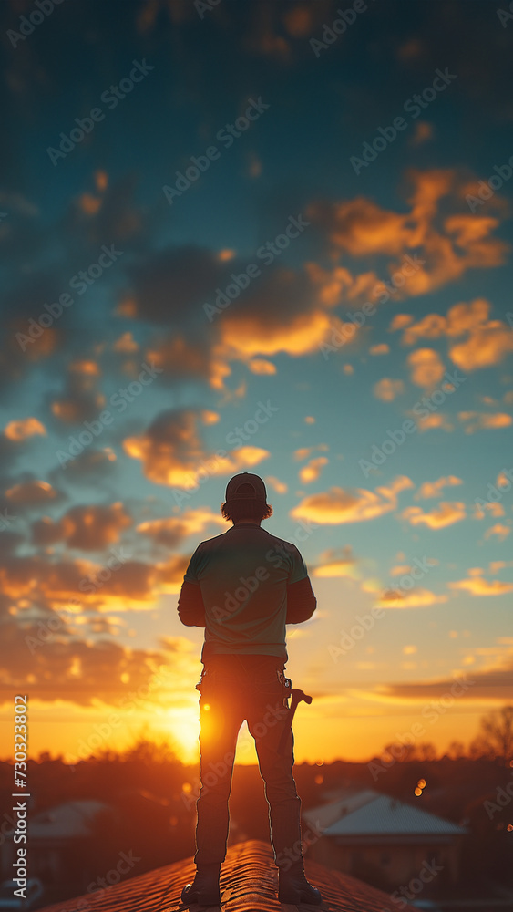 A Vertical, mobile friendly image of a silhouetted roofer with his arms crossed standing proudly atop the rooftop of a house, the sun glows with a golden hue on the horizon