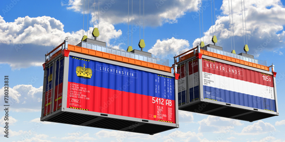 Shipping containers with flags of Liechtenstein and Netherlands - 3D illustration Shipping containers with flags of Liechtenstein and Netherlands - 3D illustration