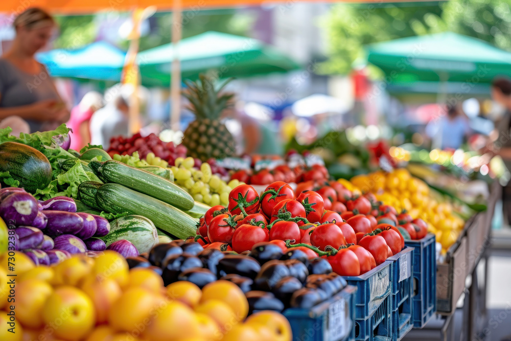 Fresh vegetables and fruits on display at local farmer's market. Organic produce selection. Fresh vegetables and fruits on display at local farmer's market. Organic produce selection.