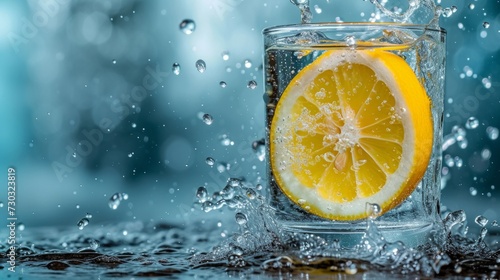 A lemon half plunges into a crystal-clear glass of water, capturing a refresh...