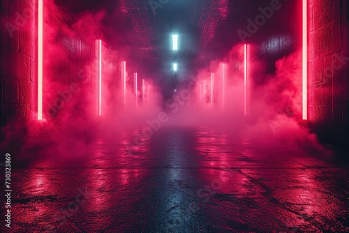 Abstract technology, dark red empty street, asphalt floor, studio room with smoke floating up the interior texture, transportation background, neon light, spotlight, laser, future digital technology