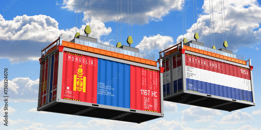 Shipping containers with flags of Mongolia and Netherlands - 3D illustration