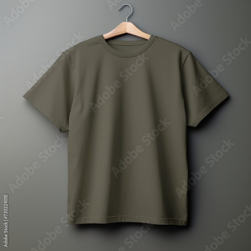 Khaki t shirt is seen against a gray wall