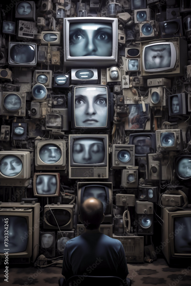 Obraz premium Surreal scene of a man in a room looking at lots of screens Generative AI