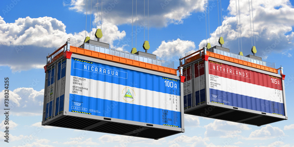 Shipping containers with flags of Nicaragua and Netherlands - 3D illustration
