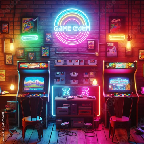 Neon lights, vintage arcade machines, and a collection of classic video game cartridges, high quality, hd, 4k, screen with a computer
