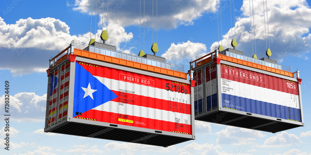 Shipping containers with flags of Puerto Rico and Netherlands - 3D illustration