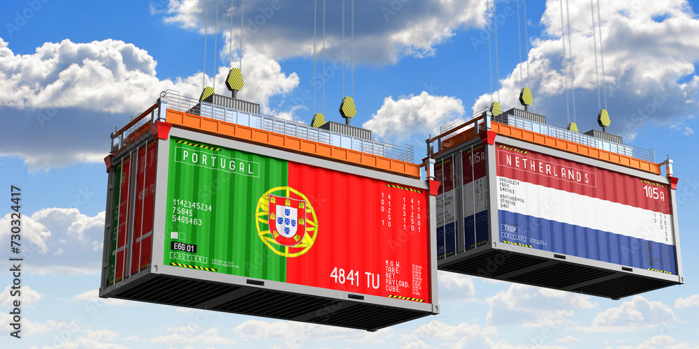 Shipping containers with flags of Portugal and Netherlands - 3D illustration