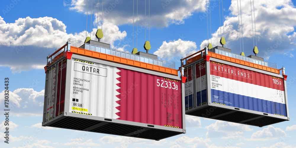 Shipping containers with flags of Qatar and Netherlands - 3D illustration