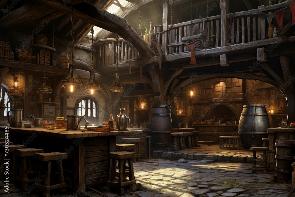 Weathered Medieval tavern exterior. Old pub bar. Generate Ai