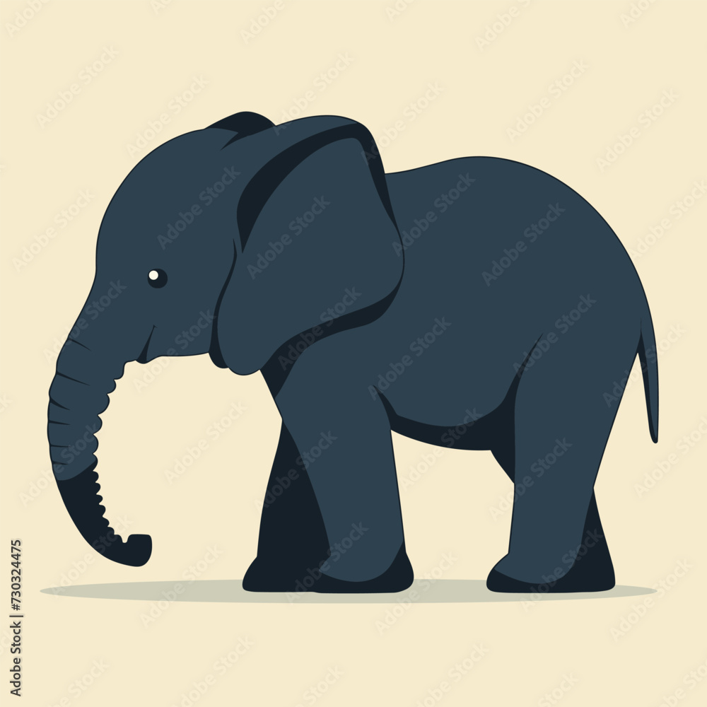 A cartoon elephant with big trunk is walking. The elephant is black and . Layered vector illustration isolated on light beige background