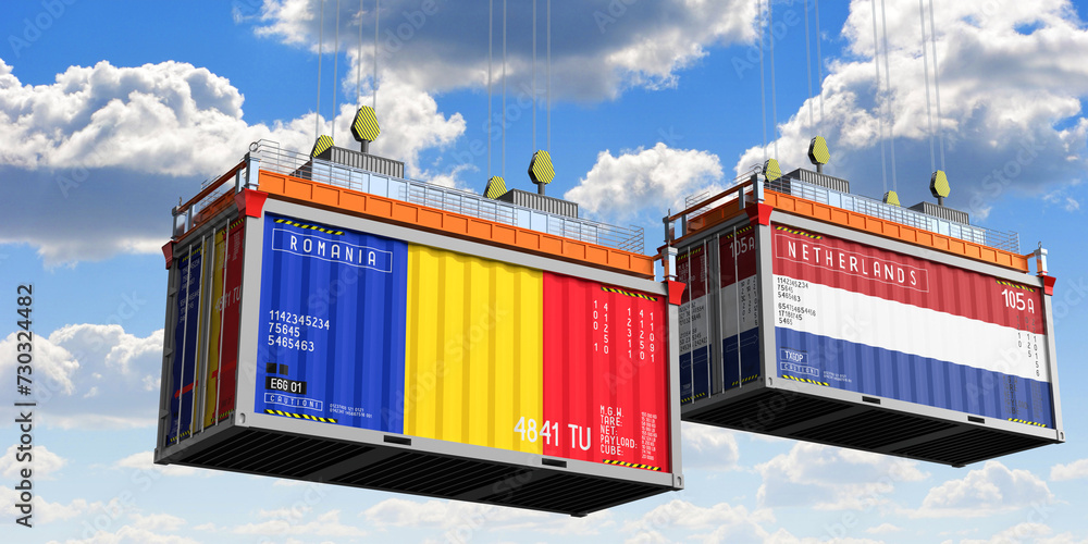 Shipping containers with flags of Romania and Netherlands - 3D illustration