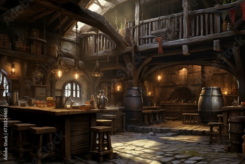 Weathered Medieval tavern exterior. Old pub bar. Generate Ai