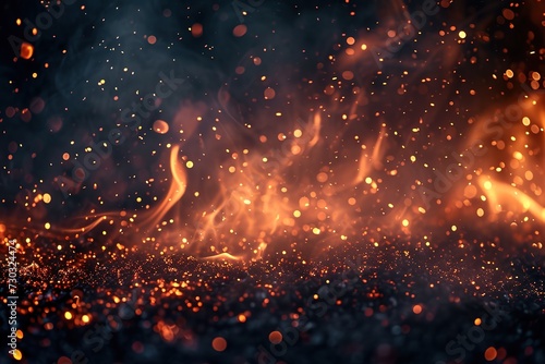 Background with fire sparks, embers and smoke. Overlay effect of burn coal, grill, hell or bonfire with flame glow, flying orange sparkles and fog on black background, vector realistic illustration