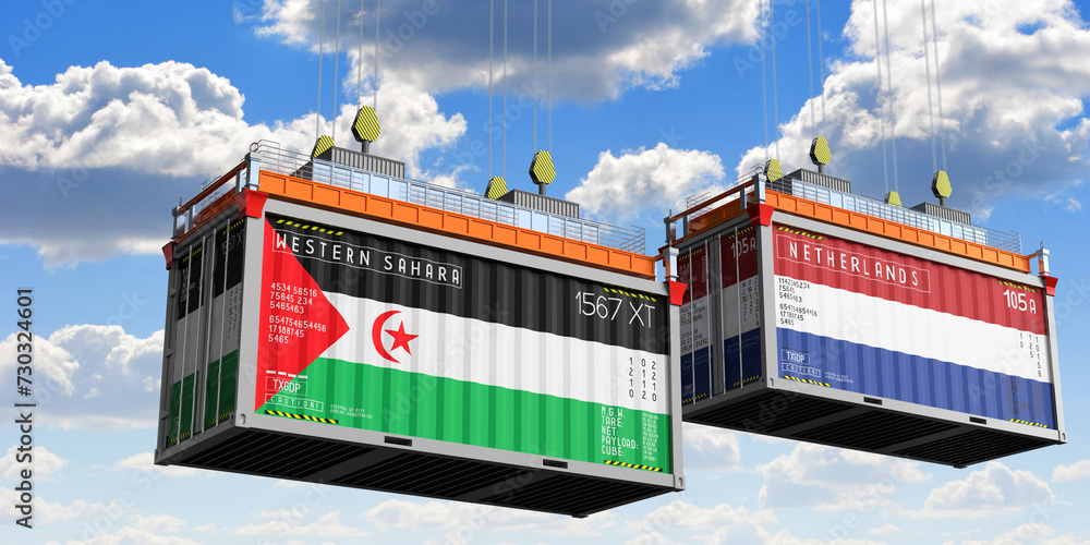 Shipping containers with flags of Western Sahara and Netherlands - 3D illustration