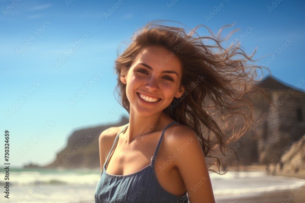 Pretty happy smiling young woman on the ocean beach. Wind in the hair. AI Generated