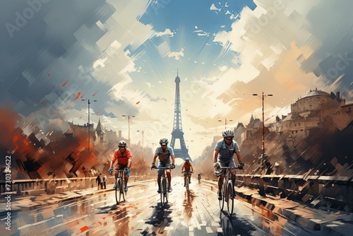 Cycling on the road through the streets of Paris, France. Olympic Games in Paris 2024. photo