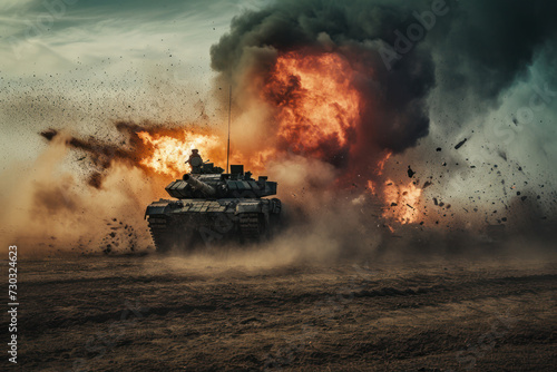 Military tank in action with explosion and debris. Warfare and conflict.