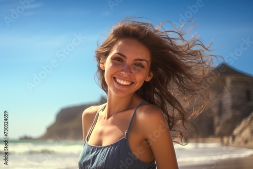 Pretty happy smiling young woman on the ocean beach. Wind in the hair. AI Generated