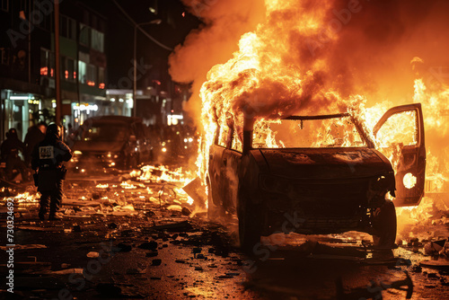 Car engulfed in flames during urban riot. Civil unrest and violence. photo