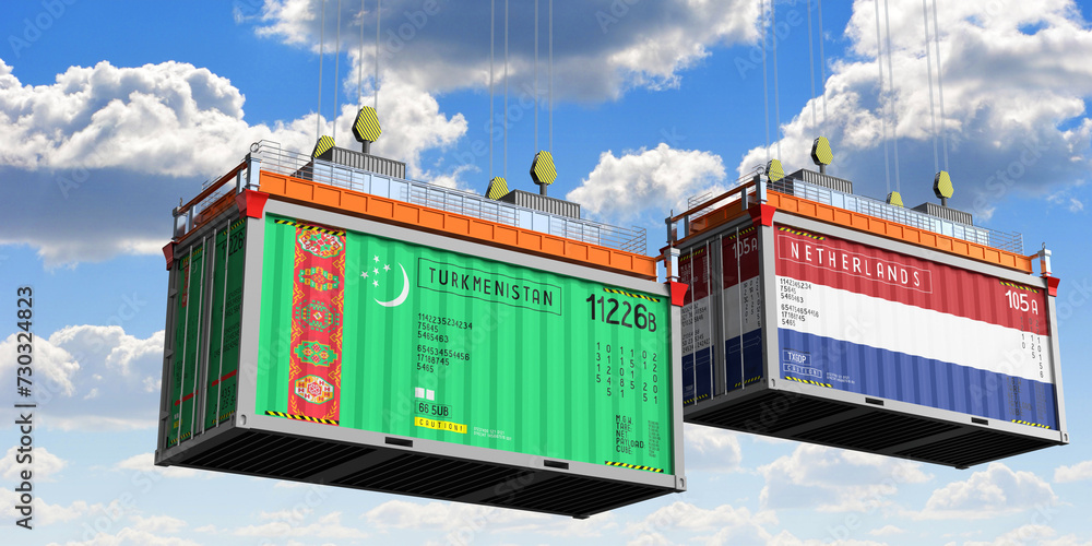 Shipping containers with flags of Turkmenistan and Netherlands - 3D illustration