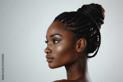 Elegant woman with braided hair posing in minimalist setting. Beauty and fashion.
