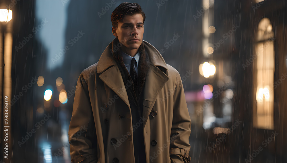 a mysterious man with a coat walking in the city in a rainy evening a mysterious man with a coat walking in the city in a rainy evening